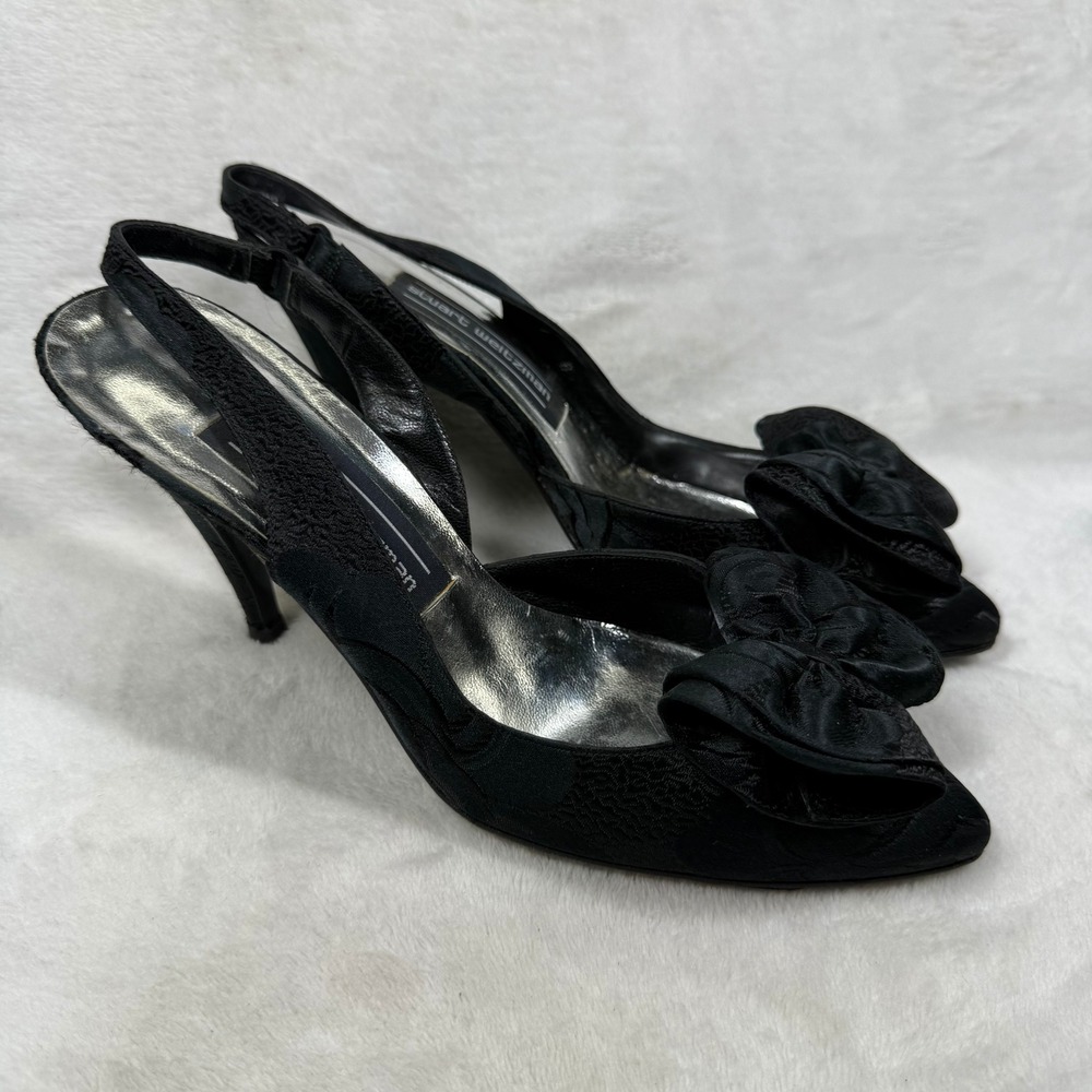 Stuart Weitzman Black Floral Jacquard Bow Slingback Stiletto Heels Pointed Toe 7